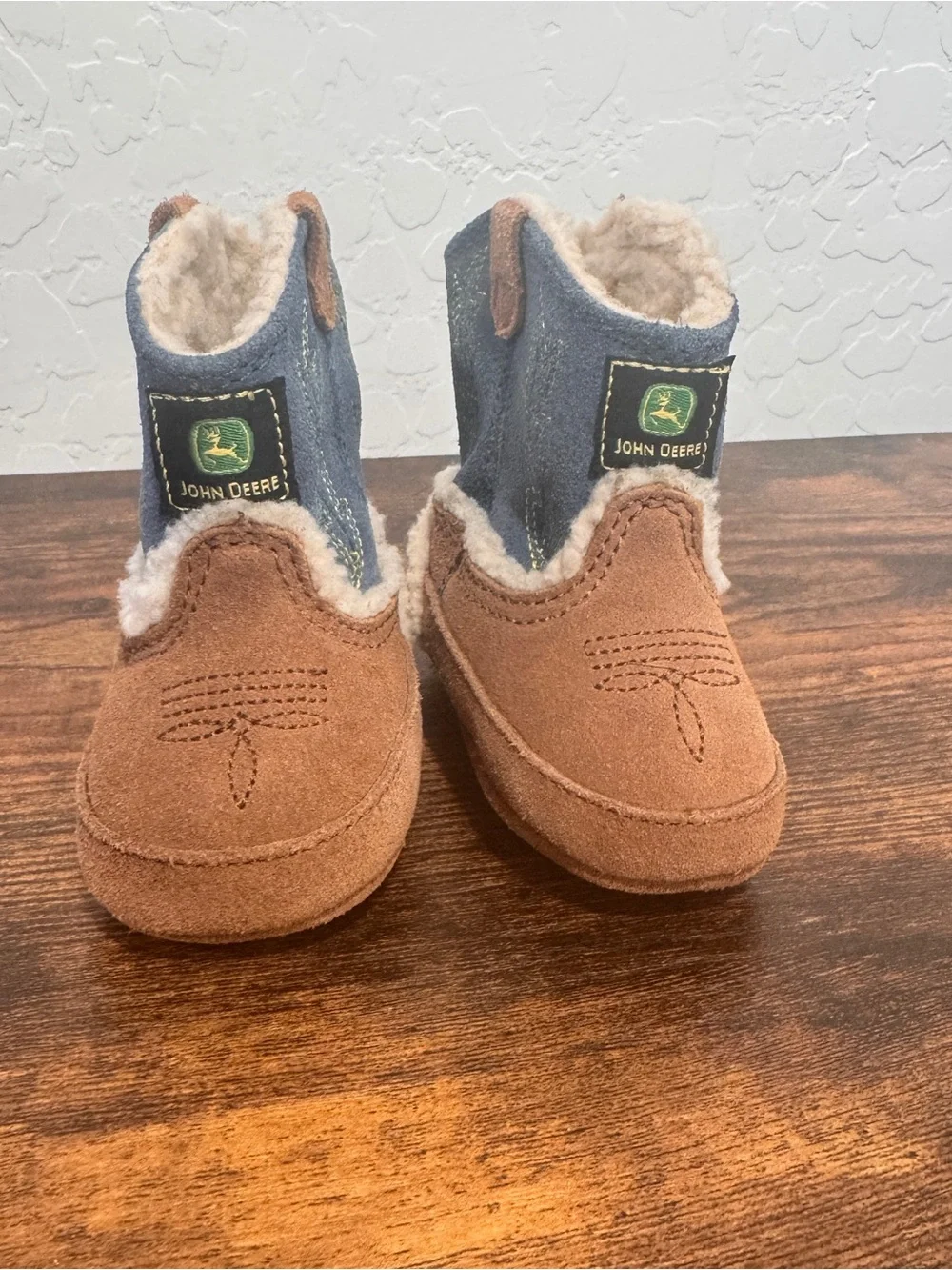 John Deere Booties Warm Sherling Johnny Poppers Baby Boots Size 0 Brown Leather